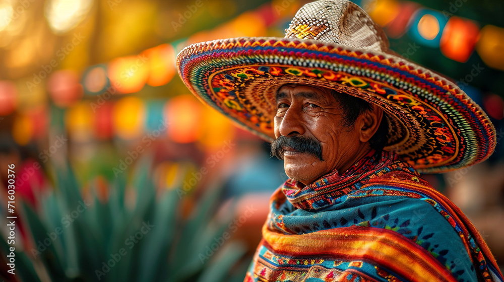 Mexican sombrero smiling man sitting with poncho in front of agave cactus - obrazy, fototapety, plakaty 