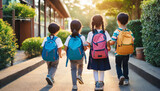 Symbolic image of young children walking towards education, backpacks on their backs, bathed in sunlight, representing the journey of early learning and the bright path ahead