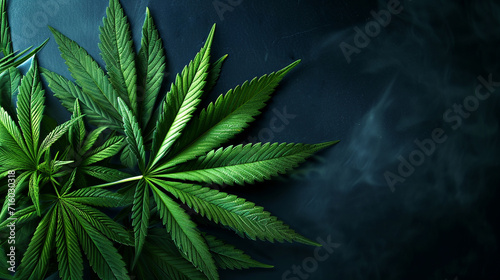 Green leaves of technical hemp lie on a black modern background. Green background of leaves. Close-up young hemp. Green cannabis leaves, marijuana leaves. Medicinal indica with CBD.