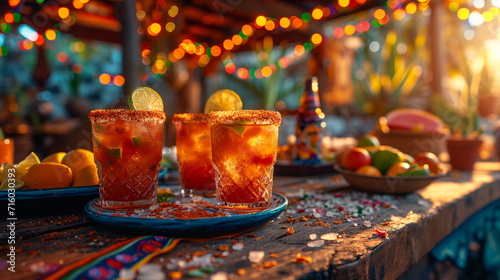 Cinco-de-mayo celebration concept. Top view photo of nacho chips salsa sauce chilli tequila with salt lime sombrero hats colorful serape