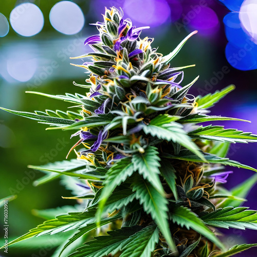 Cannabis bud flowering with purple and orange marijuana hairs in macro image