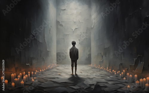 A depiction of a young soul standing in front of a wall, yearning for assistance amid a chorus of accusing voices. The problem of committing suicides among young people. AI Generative. photo