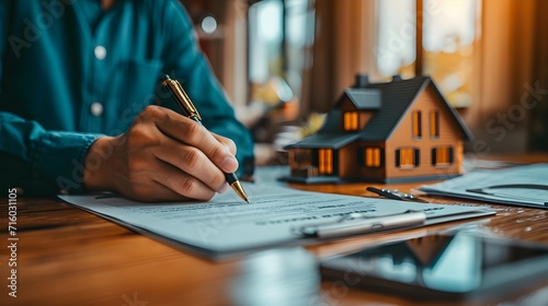 person writing on a notebook, a person signing a document with a pen and a house model on the table in the background