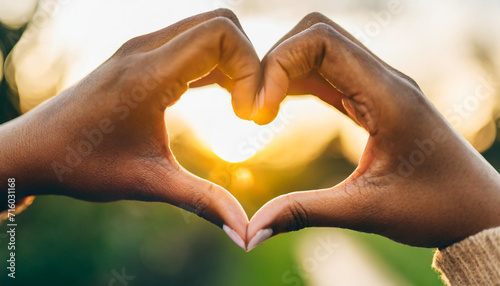 female hands create a heart shape against the radiant sky  symbolizing love  unity  and connection with the sun s warmth and positive energy