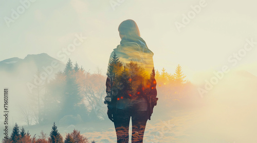 Double exposure portrait of woman hiking blended with mountain landscape background photo