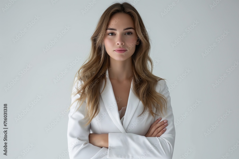 Elegant young woman with white jacket, posing serious and professional, on white background. Reflection of personal financial success. Elegant young woman with white jacket, posing serious and professional, on white background. Reflection of personal financial success.