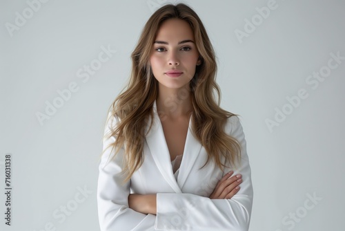 Elegant young woman with white jacket, posing serious and professional, on white background. Reflection of personal financial success.