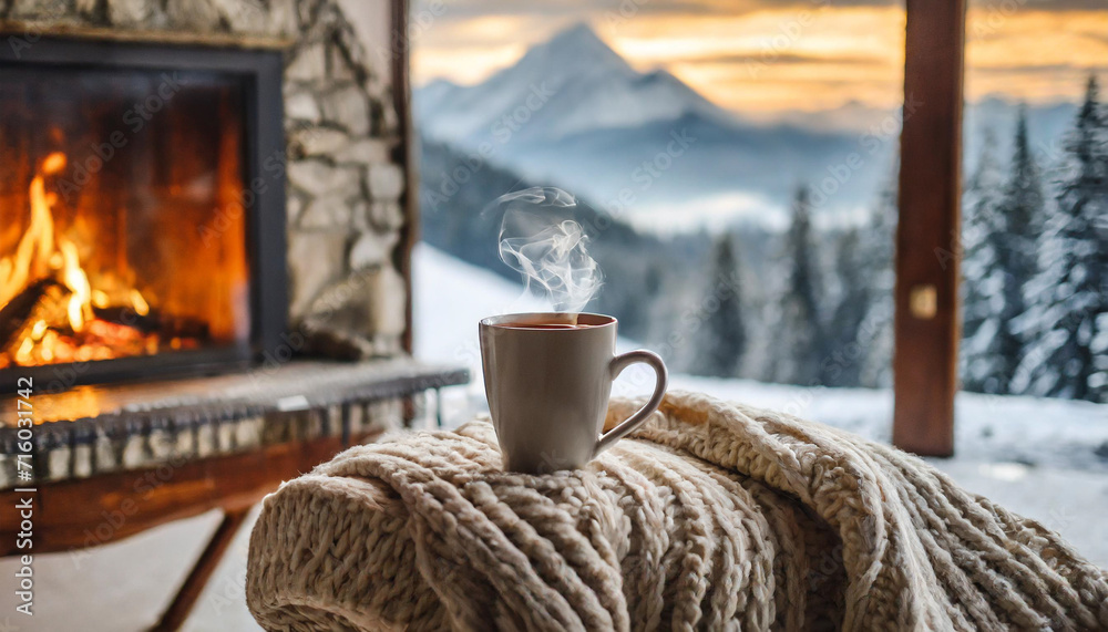 mug of steaming tea perched on a chair draped with a woolen blanket in a cozy living room with a fireplace, creating a comforting ambiance mug of steaming tea perched on a chair draped with a woolen blanket in a cozy living room with a fireplace, creating a comforting ambiance