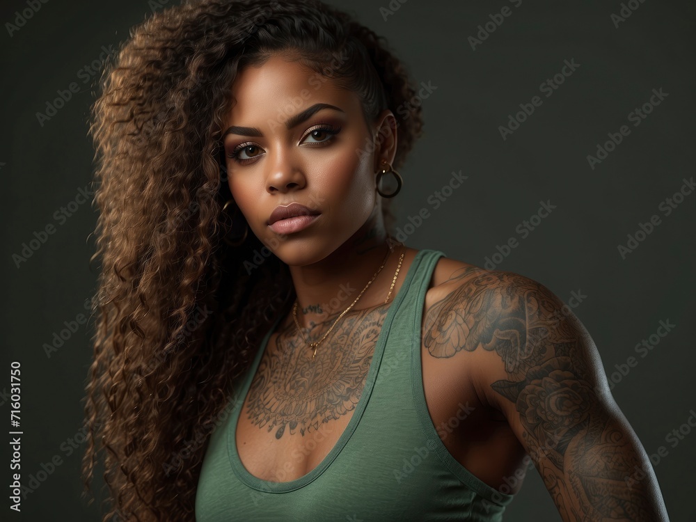 Athletic African American with tattoos, wearing an dark green top. Athletic African American with tattoos, wearing an dark green top.