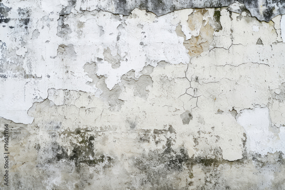 Aged wall with white paint peeling and cracking over time, showing signs of mold and decay.
