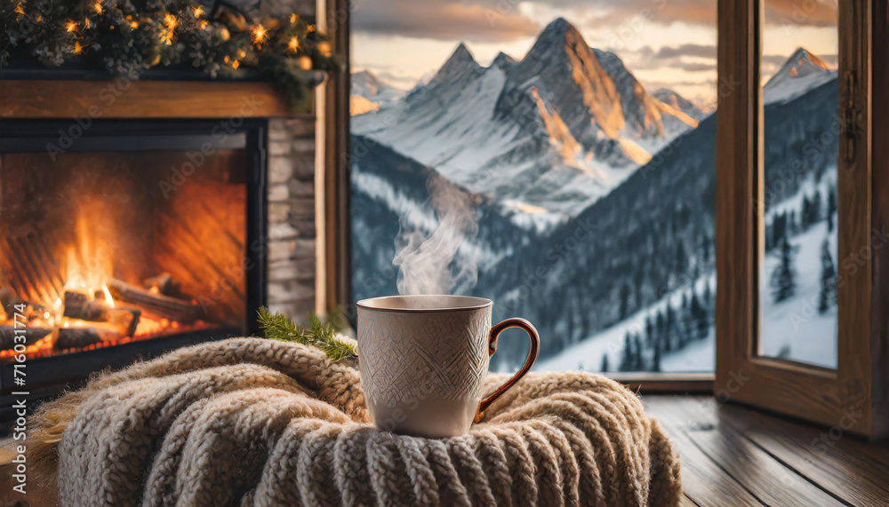 mug of steaming tea perched on a chair draped with a woolen blanket in a cozy living room with a fireplace, creating a comforting ambiance