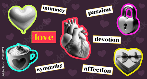love concept template design with heart balloon mug gift box padlock retro grunge halftone dotted collage element set on dark purple background