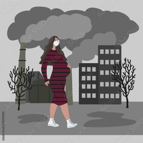 Vector hand drawn illustration with women in mask. Woman wearing mask against smog. City landscape chimneys emit smoke harmful emissions polluted air poor ecology in the city. Air pollution concept