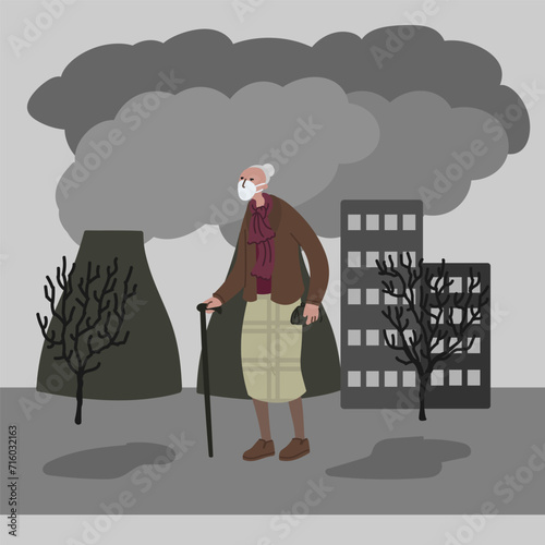 Vector hand drawn illustration with women in mask. Woman wearing mask against smog. City landscape chimneys emit smoke harmful emissions polluted air poor ecology in the city. Air pollution concept