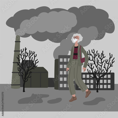 Vector hand drawn illustration with women in mask. Woman wearing mask against smog. City landscape chimneys emit smoke harmful emissions polluted air poor ecology in the city. Air pollution concept
