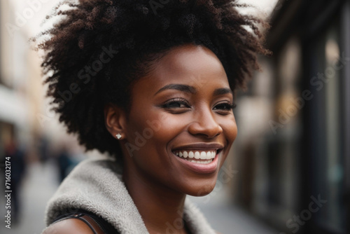 African American woman with a beautiful smile and perfect white teeth. Closeup portrait.