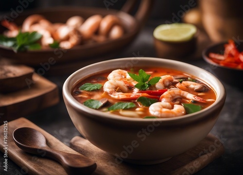 Spicy Thai Tom Yum soup with shrimp and mushrooms