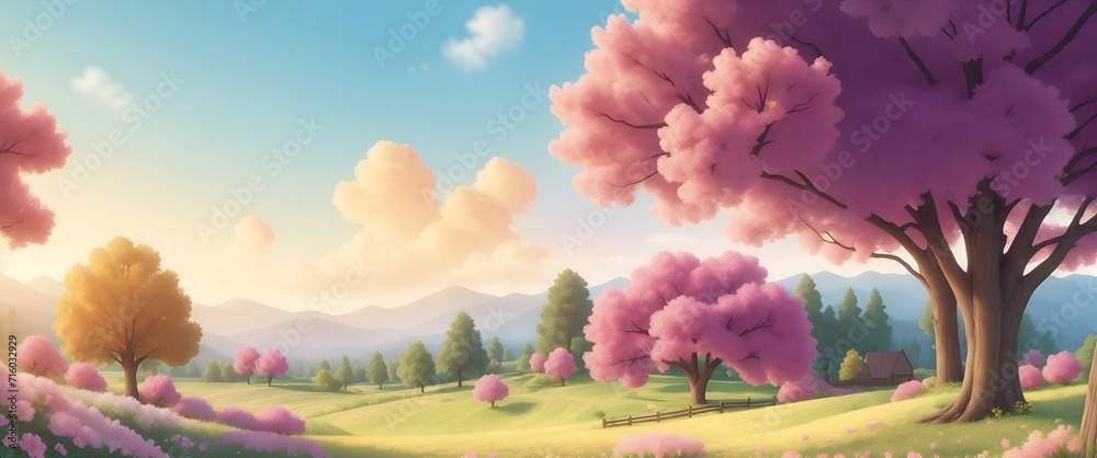 A dreamy landscape with flowers and trees
