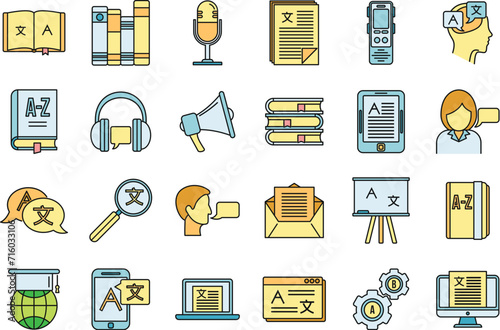 Linguist speak icons set. Outline set of linguist speak vector icons thin line color flat on white