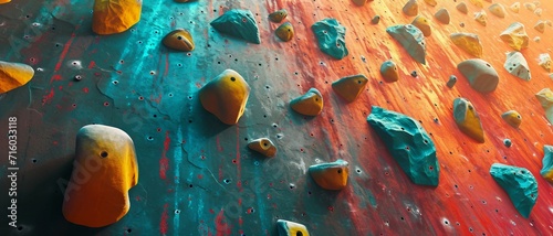 a UI background inspired by indoor rock climbing, with vibrant handhold colors fading into the neutral tones of a climbing wall, Ideal for App and Website Design . 
 photo