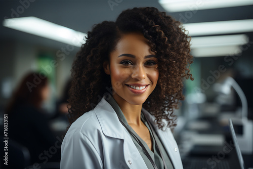 Portrait of smiling african american businesswoman in modern office