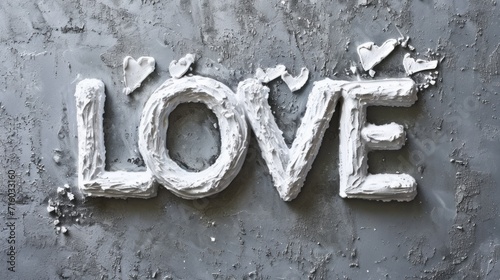 White Love concept creative horizontal art poster. Photorealistic textured word Love on artistic background. Horizontal Illustration. Ai Generated Romance and Passion Symbol.