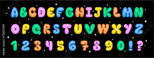 3D Colorful Bubble alphabet font. Typeface Design. Trendy font with glossy plastic effect and retro y2k style. Set with Alphabet and  Numbers.