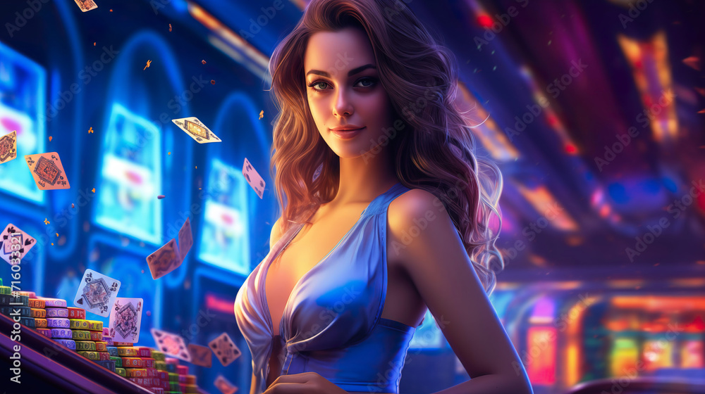 Beautiful woman in a casino, in elegant clothes, in a casino gambling hall with neon glow, Woman in neon style