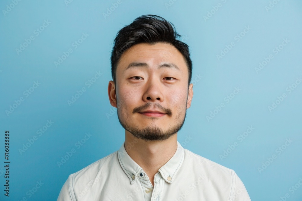 Portrait of a content man of Asian heritage, his casual wear and joyful demeanor reflecting a relaxed, modern lifestyle..
