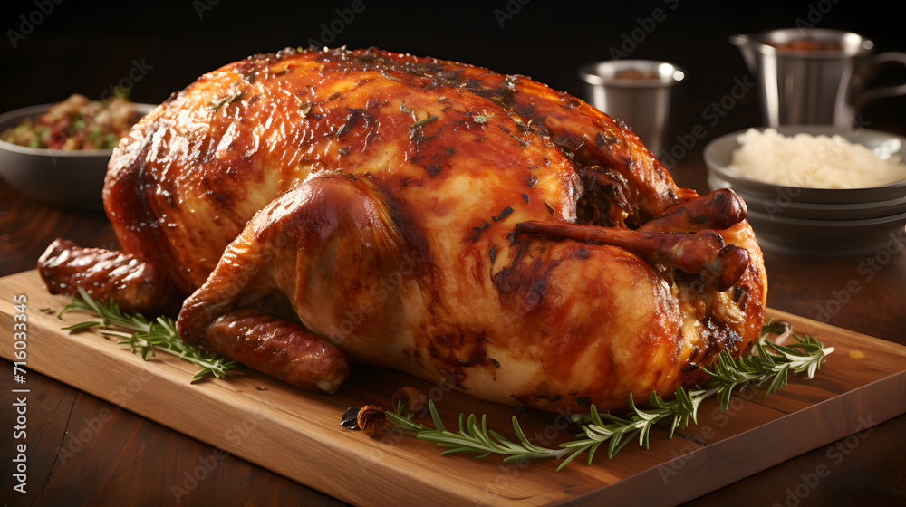 Fried chicken served on a tray whole. Oven-cooked chicken with a meat fork on a board Fried chicken served on a tray whole. Oven-cooked chicken with a meat fork on a board