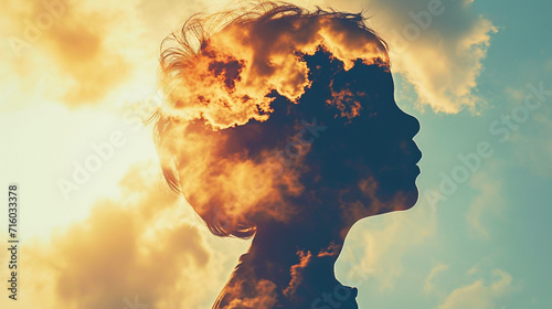 Double exposure portrait, silhouette of child blended with cloudy sky background