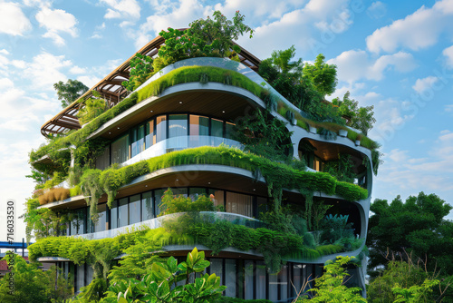A large eco building with many balconies is covered in lush green plants 