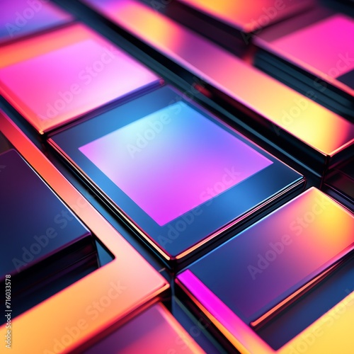 Abstract futuristic close-up of surface of black foursquares with colored lighting between them photo