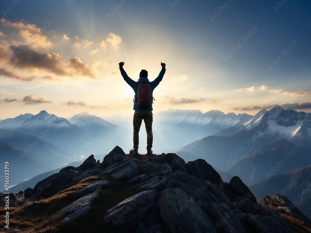 silhouette of a man stands on the top of the mountains and raises hands to the sky silhouette of a man stands on the top of the mountains and raises hands to the sky