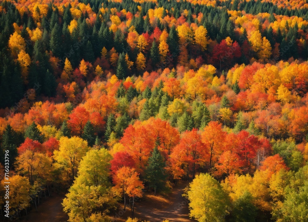 Fototapeta premium Autumn Forest, Colorful Trees From Above, Aerial View