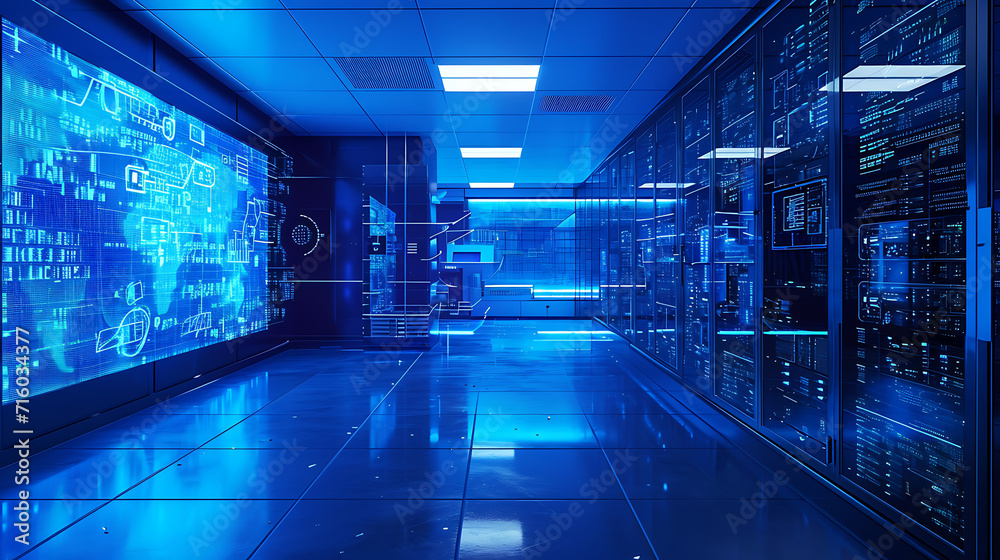 Um elegante laboratório de computação futurista é banhado em uma luz azul fresca criando uma atmosfera tecnológica e de ponta - obrazy, fototapety, plakaty 