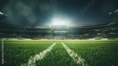 Low angle view of bright green grass football field, blurred stadium and flood lights in the background 
