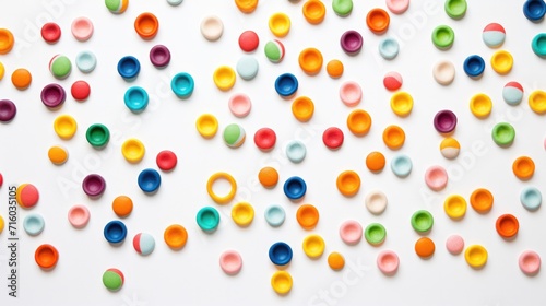 Colorful plastic toys arranged in a circle on a white surface. Generative AI.