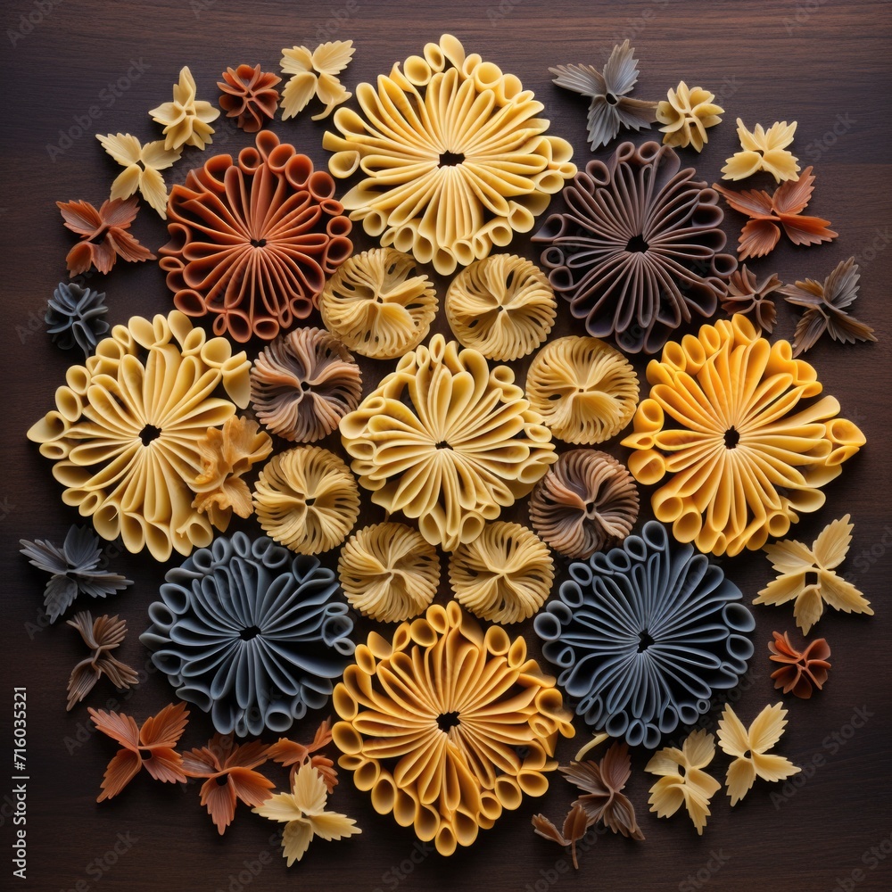 A circular arrangement of different colored pasta. Generative AI. A circular arrangement of different colored pasta. Generative AI.