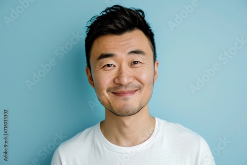 A casual portrait of a pleased man, his genuine smile exuding warmth and contentment, dressed in a simple white t-shirt against a clean background.