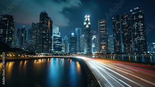A metropolis comes alive in the evening, its urban skyline aglow with the life of the downtown area, reflected in the calm waters below., city night lights banner