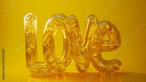 Yellow Glass Love concept creative horizontal art poster. Photorealistic textured word Love on artistic background. Horizontal Illustration. Ai Generated Romance and Passion Symbol. © Vector Juice