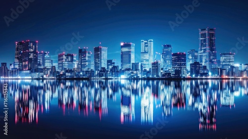 As dusk falls, the city's high-rises light up, creating a vibrant skyline that mirrors the dynamic nature of city life, blue cityscape banner © Anna