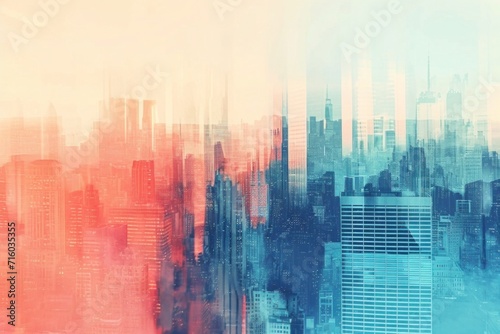 An abstract urban blend of digital art creates a mixed media skyline, where skyscrapers are fused with vivid red and blue hues.., abstract colorful background