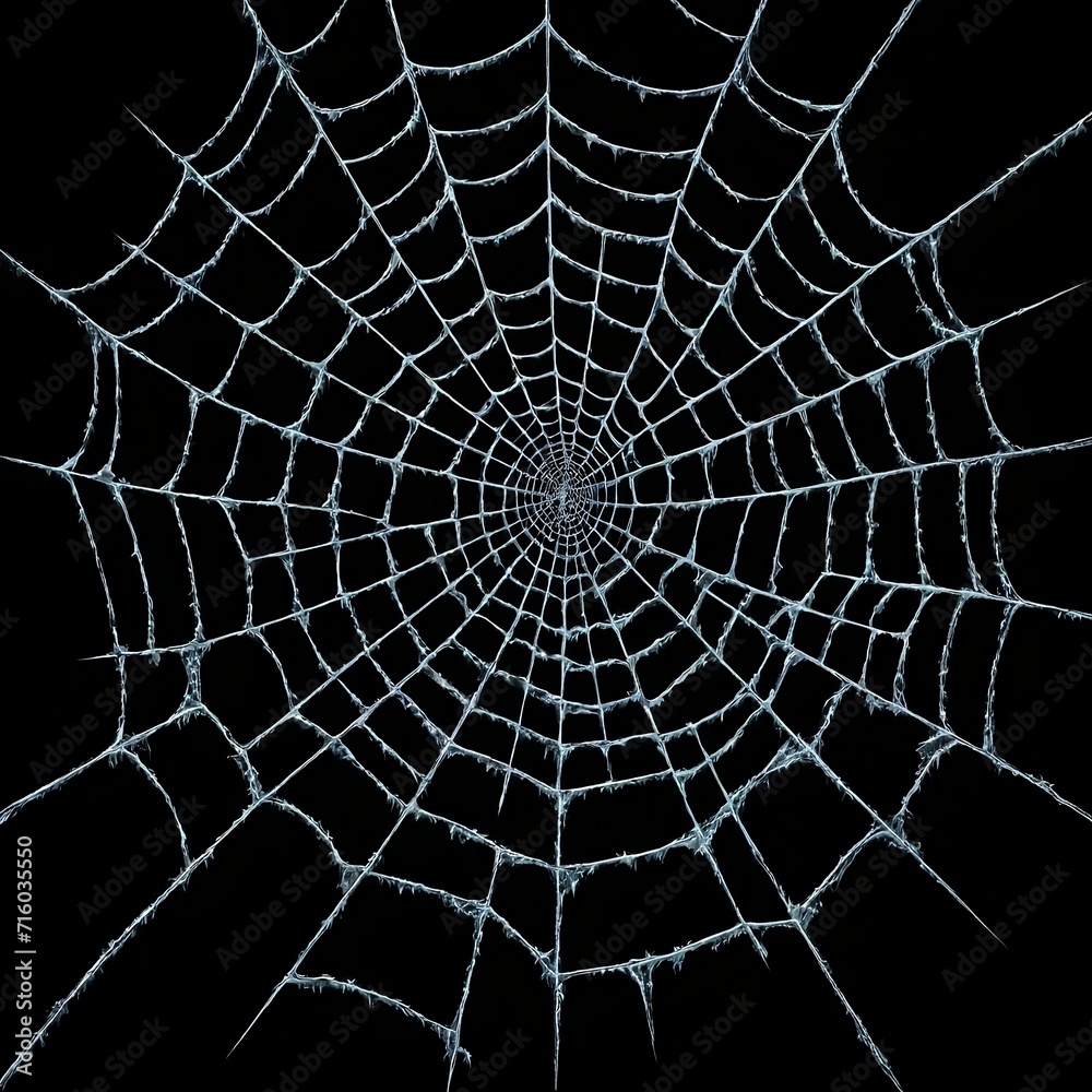 Real frost covered spider web isolated on black background. Generative AI