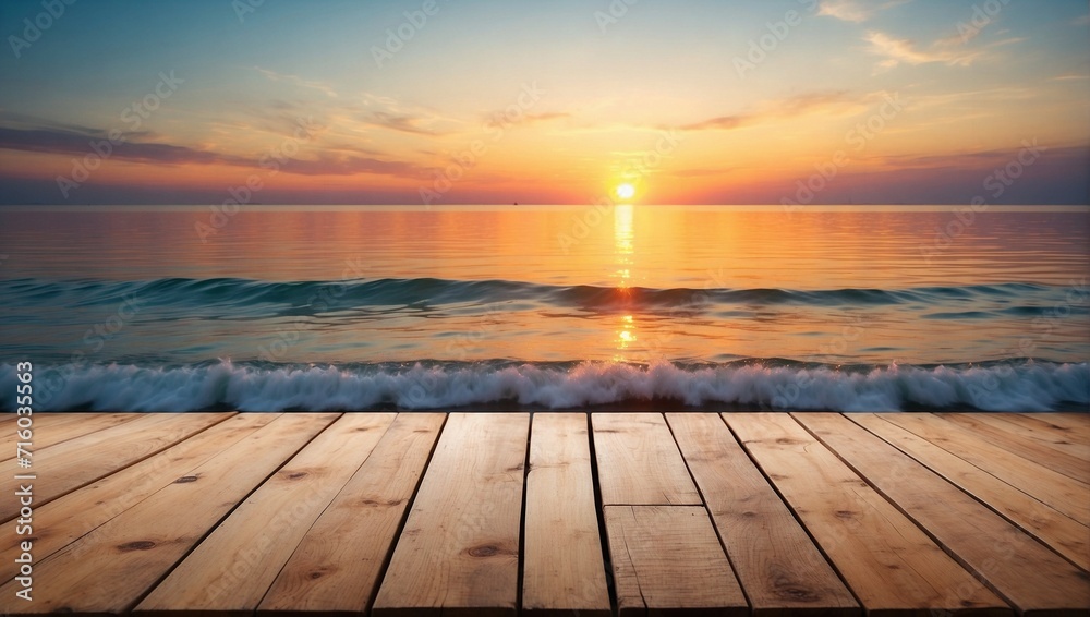 Blurred Sunset Sea on Empty Wooden Table Background, Wooden Table