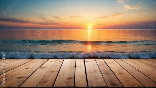 Blurred Sunset Sea on Empty Wooden Table Background, Wooden Table