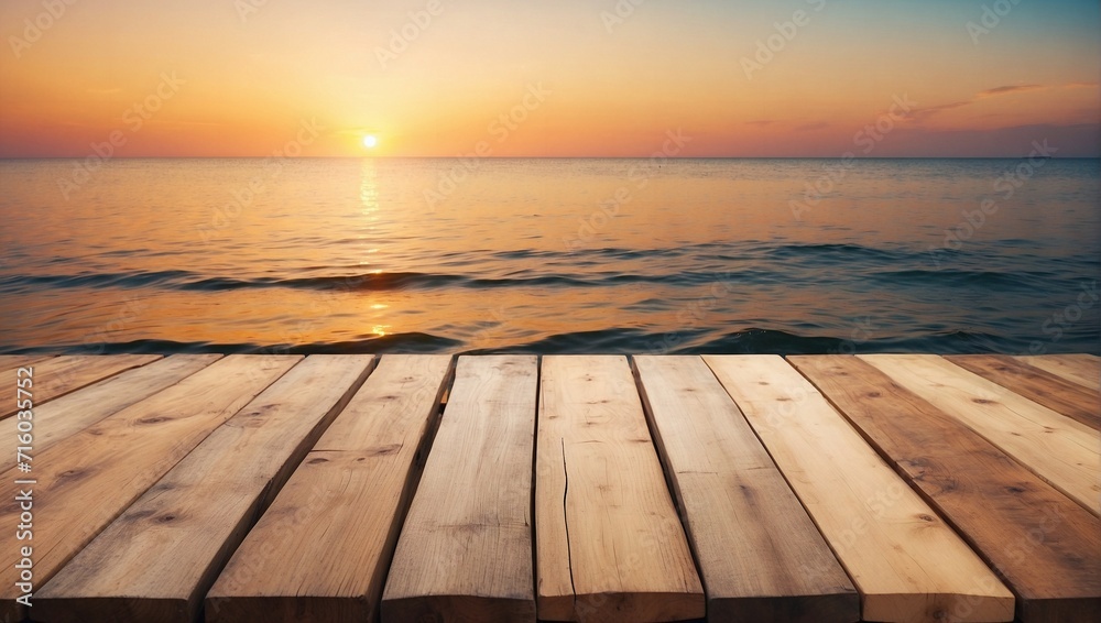 Blurred Sunset Sea on Empty Wooden Table Background, Wooden Table Blurred Sunset Sea on Empty Wooden Table Background, Wooden Table