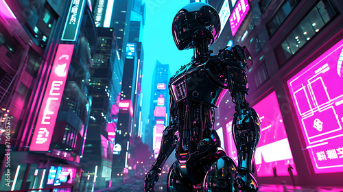 Um elegante robô futurista está no centro de uma movimentada rua da cidade com imponentes arranha-céus de vidro refletindo as vibrantes luzes de neon photo