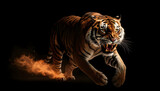 A very fierce tiger, roaring, flames in the background with full body shot